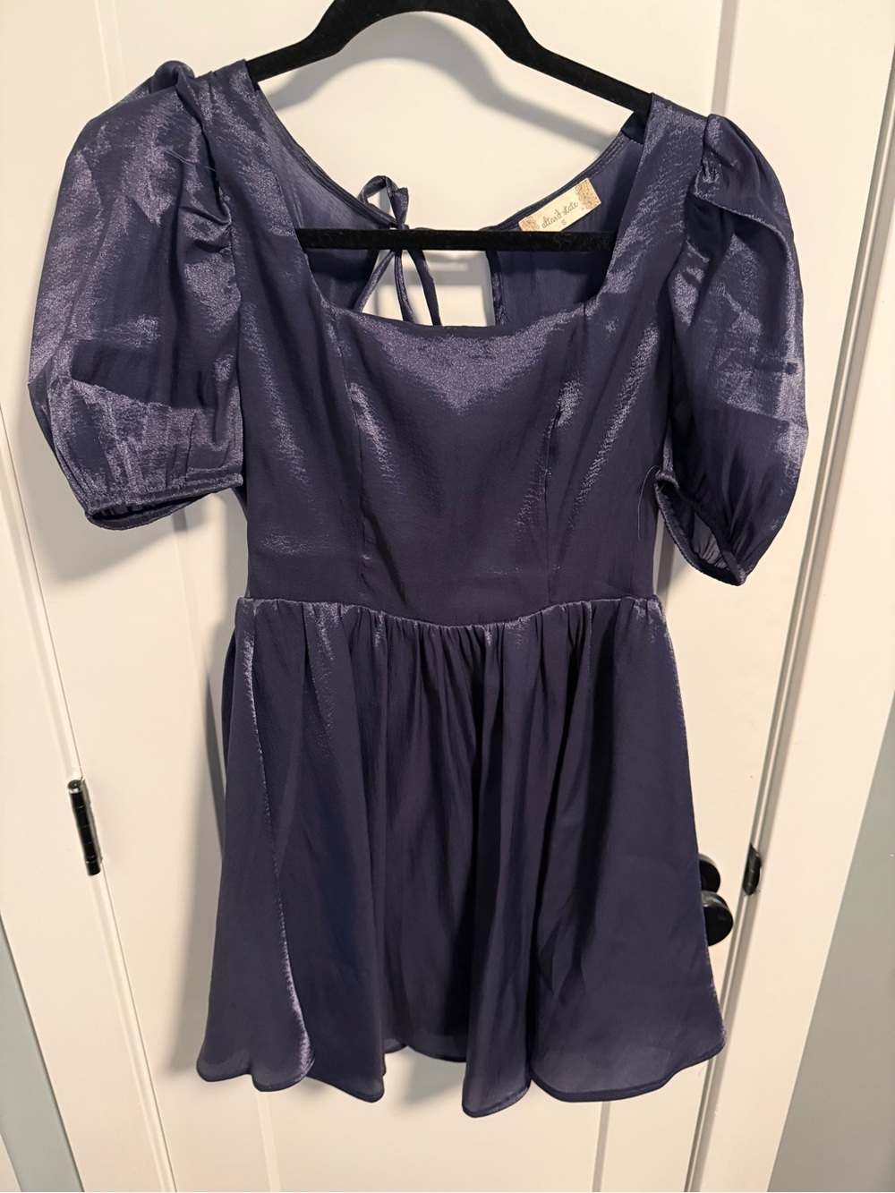 Altard state  Navy Puff Sleeve Mini Dress, open/tie back